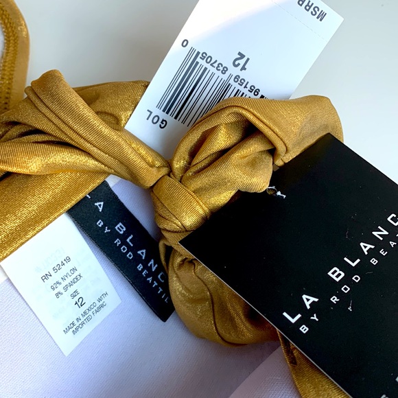 La Blanca Gold Ruched Two Piece Bandeau Bikini Set Halter Tie Wear It 3 Ways ⭐️ - Picture 12 of 16